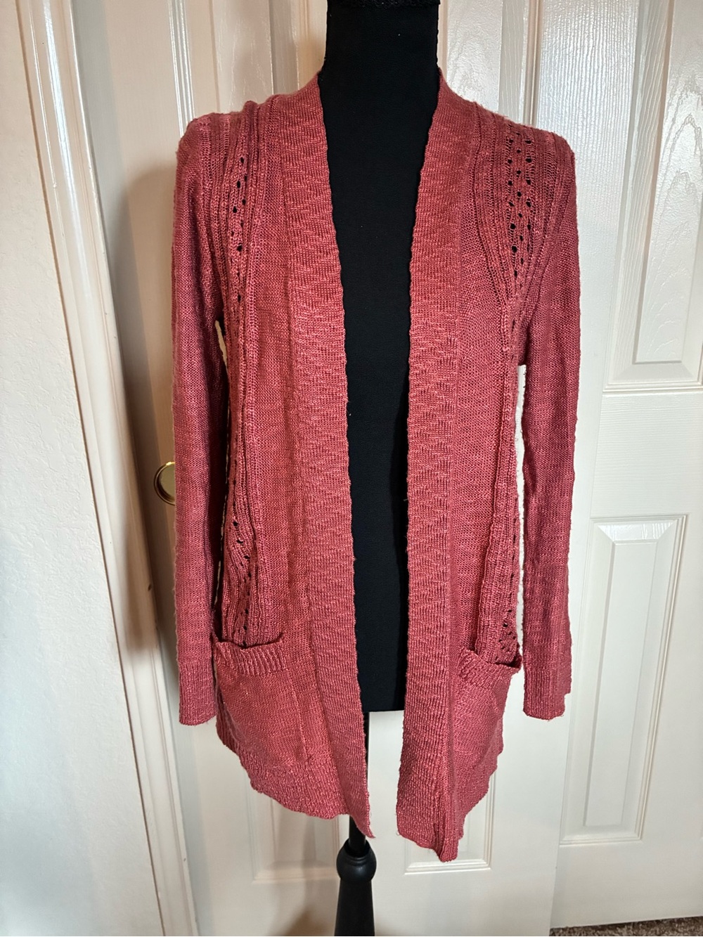 Open-Front Dusty Rose Knit Cardigan with Pockets